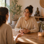 Femme qui écoute quelqu'un parler assise avec une tasse dans ses mains
