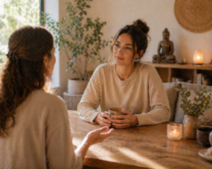 Femme qui écoute quelqu'un parler assise avec une tasse dans ses mains