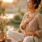 Femme qui médite une main sur le cœur et l'autre sur le ventre