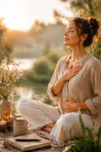 Femme qui médite une main sur le cœur et l'autre sur le ventre