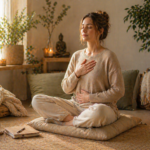 Femme qui médite une main sur le cœur et l'autre main sur le ventre