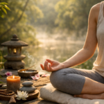Femme qui médite devant un autel de méditation