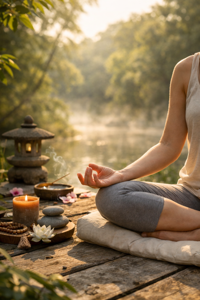 Femme qui médite devant un autel de méditation