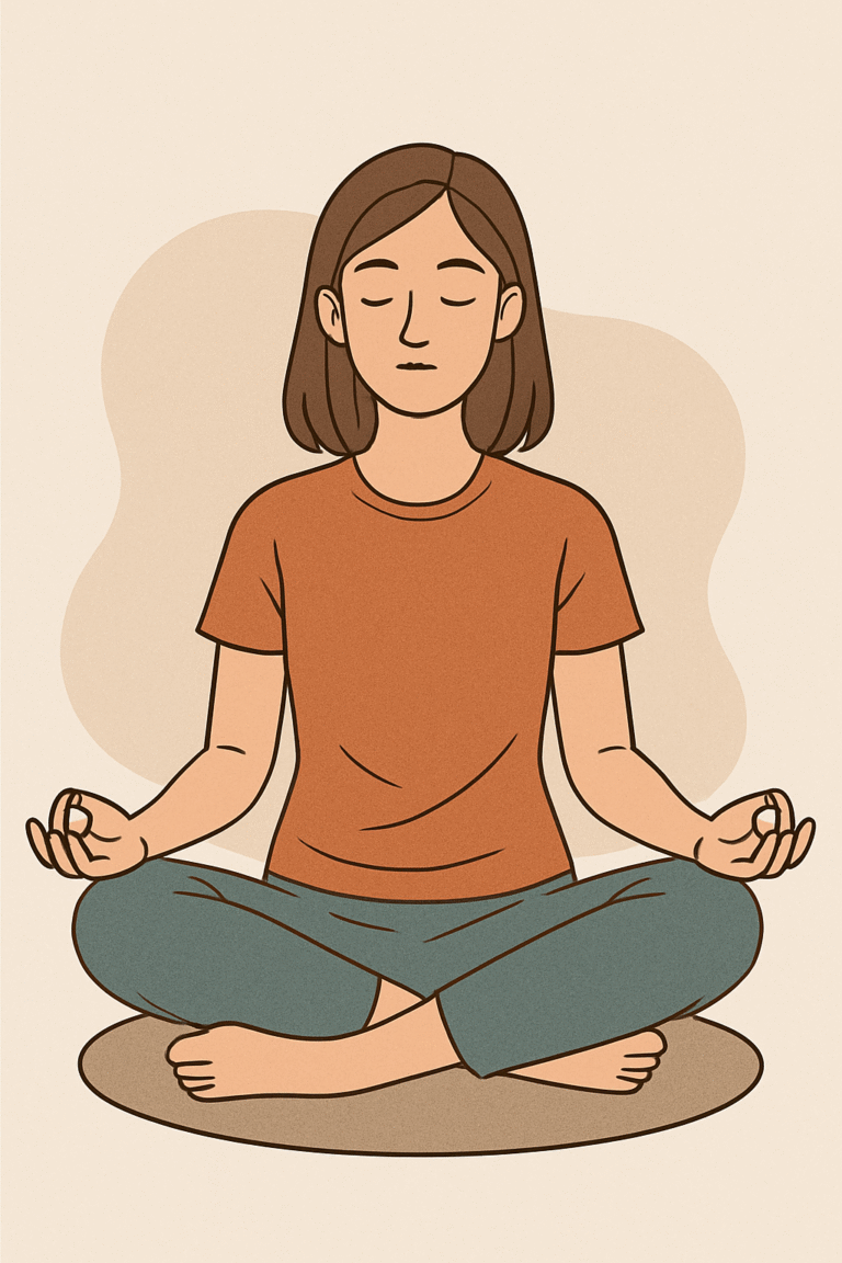 dessin d'une femme en position de méditation sur un coussin