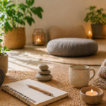 salle de méditation avec coussin et tapis