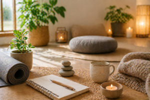salle de méditation avec coussin et tapis
