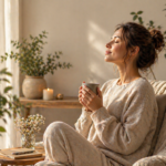 Femme assise sur son fauteuil avec une tasse à la main