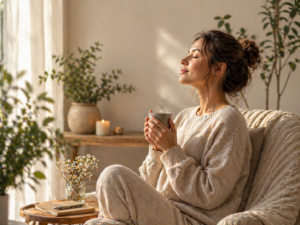 Femme assise sur son fauteuil avec une tasse à la main