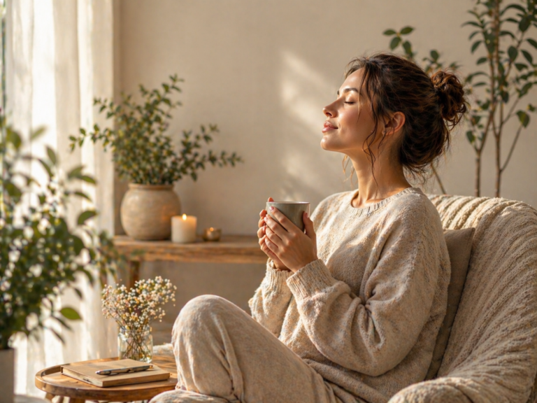 Femme assise sur son fauteuil avec une tasse à la main