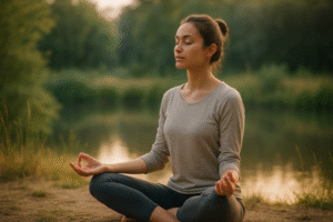 Une personne en méditation dans un environnement naturel doux et calme.