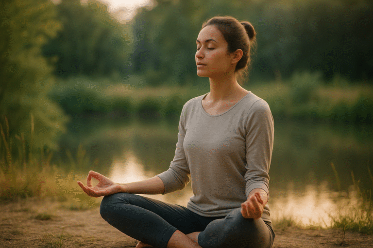 Une personne en méditation dans un environnement naturel doux et calme.