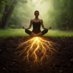 personne en position de méditation avec des racines lumineuses dorées qui s'étendent de leur corps vers la terre