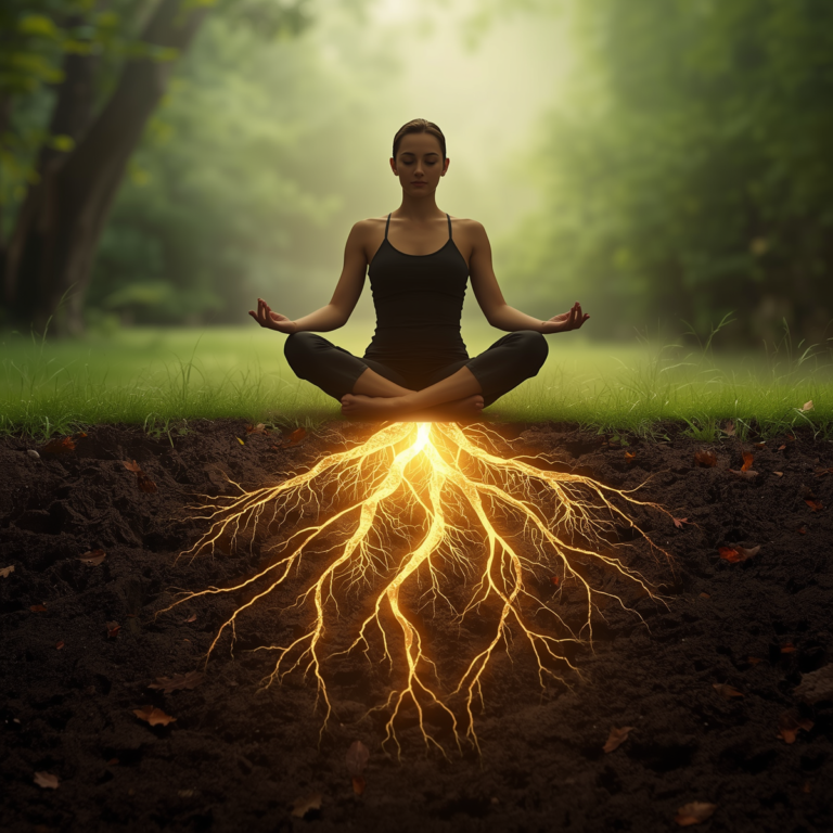 personne en position de méditation avec des racines lumineuses dorées qui s'étendent de leur corps vers la terre