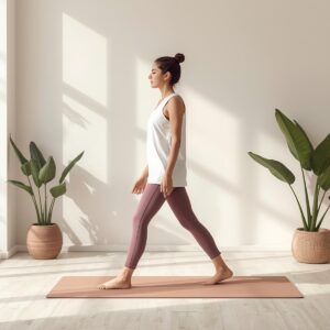 femme debout marchant sur un tapis de méditation