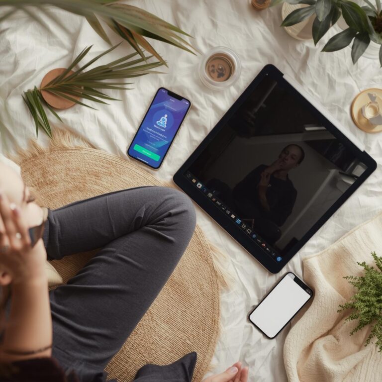 personne devant un écran et deux téléphones