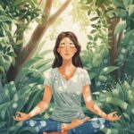 femme en position de méditation entourée d'arbres