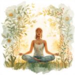 femme en position de méditation entourée de fleurs