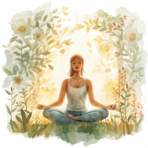 femme en position de méditation entourée de fleurs