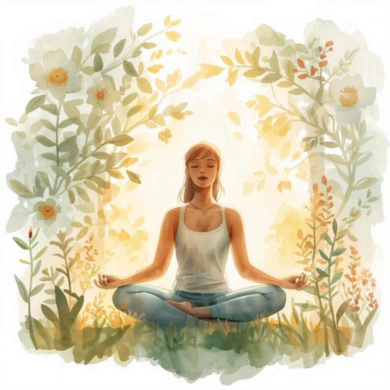 femme en position de méditation entourée de fleurs