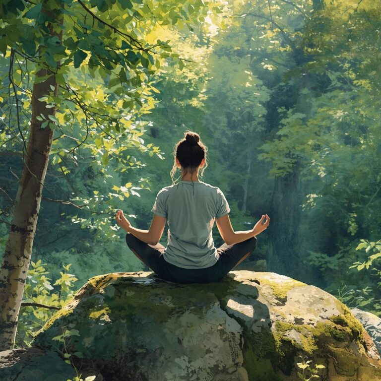 femme assise en position de méditation sur un rocher en face d'une forêt