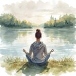 femme en position de méditation devant un lac