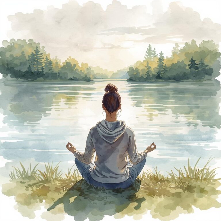 femme en position de méditation devant un lac