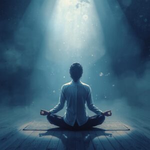 homme en position de méditation avec une lumière qui vient du ciel