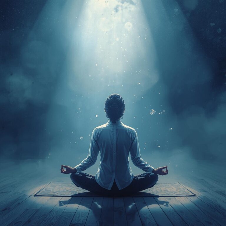 homme en position de méditation avec une lumière qui vient du ciel
