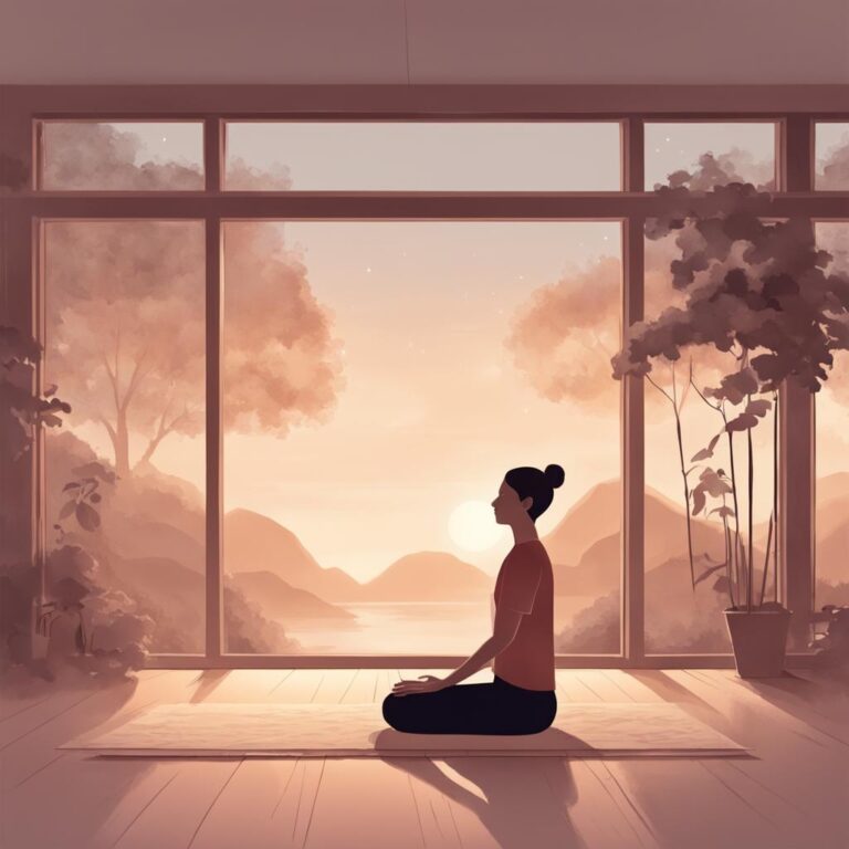 femme en position de méditation, sur un tapis devant une grande fenêtre