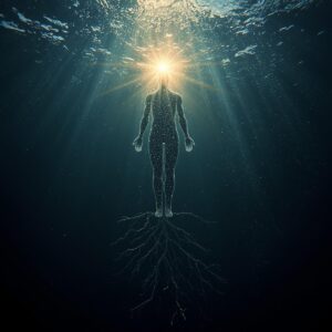 silhouette d'un homme debout sous l'eau. Ses pieds reposent sur un petit arbuste