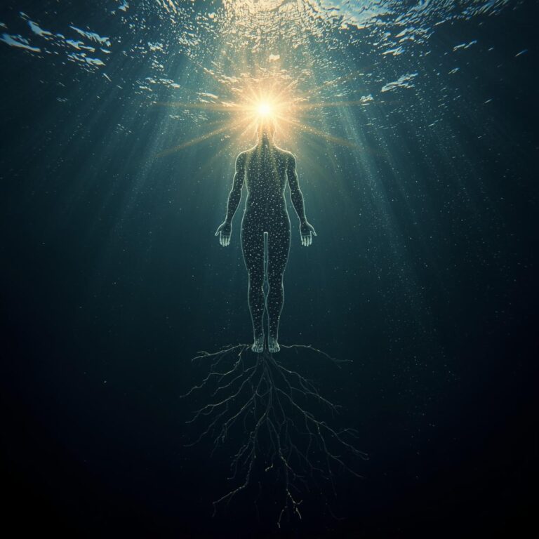 silhouette d'un homme debout sous l'eau. Ses pieds reposent sur un petit arbuste