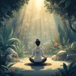 femme en position de méditation dans une forêt avec une lumière qui vient du ciel