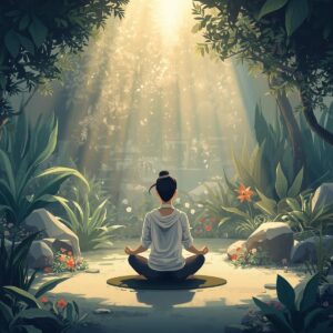 femme en position de méditation dans une forêt avec une lumière qui vient du ciel