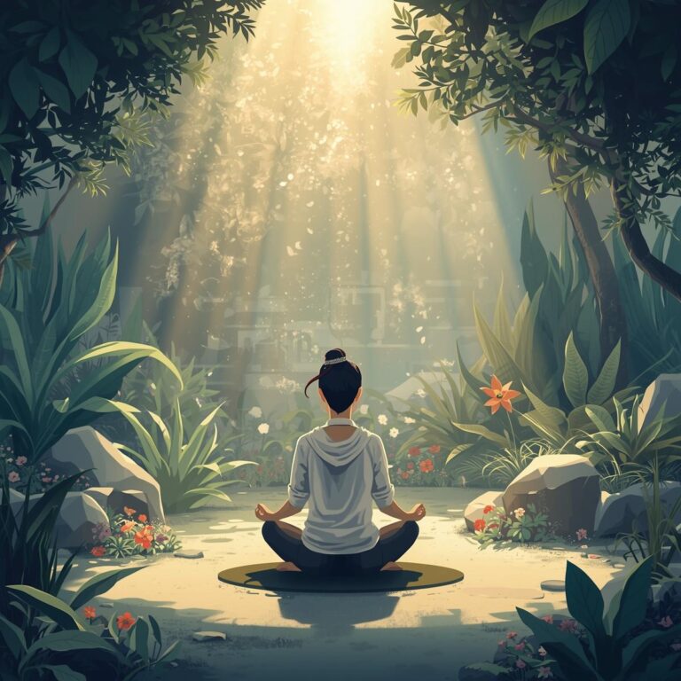 femme en position de méditation dans une forêt avec une lumière qui vient du ciel