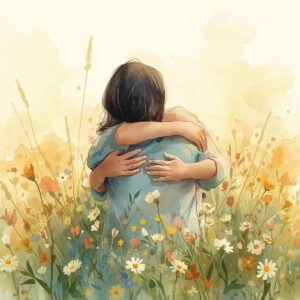 un couple qui se prend dans les bras dans un champ de fleurs