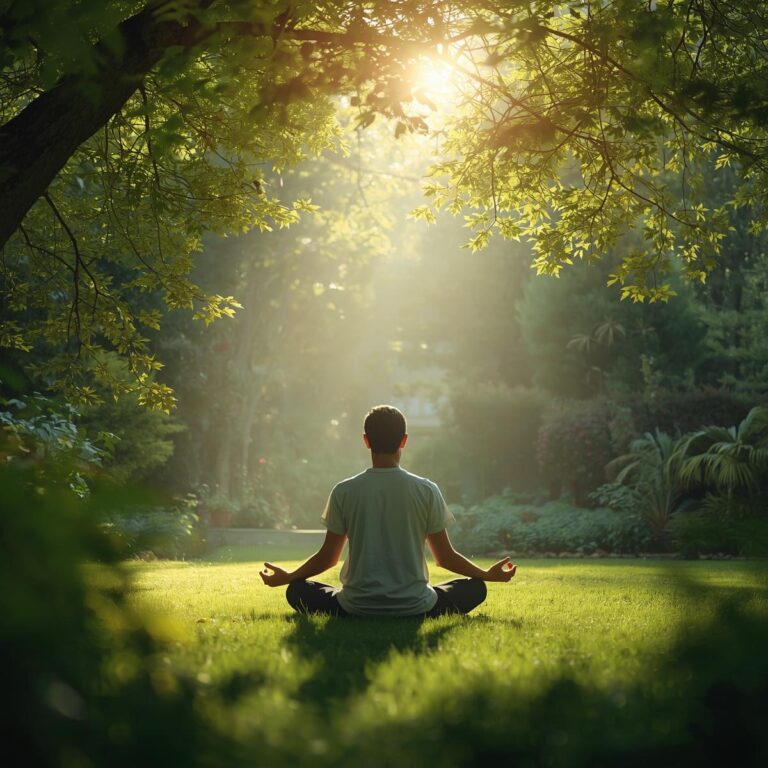 homme en position de méditation dans une forêt sous les rayons de soleil