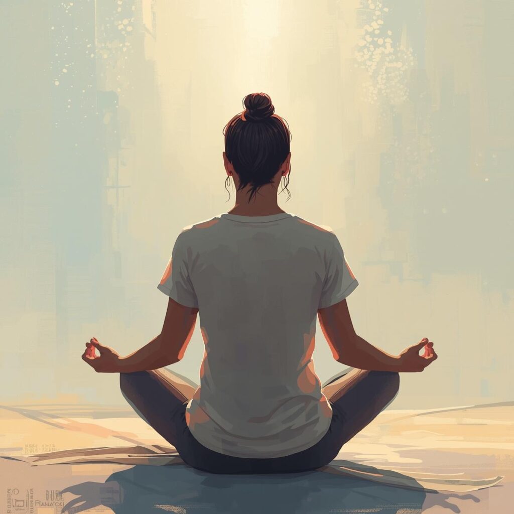femme en position de méditation. Une lumière descend du ciel