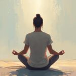 femme en position de méditation. Une lumière descend du ciel