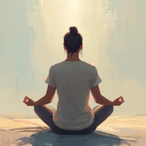 femme en position de méditation. Une lumière descend du ciel