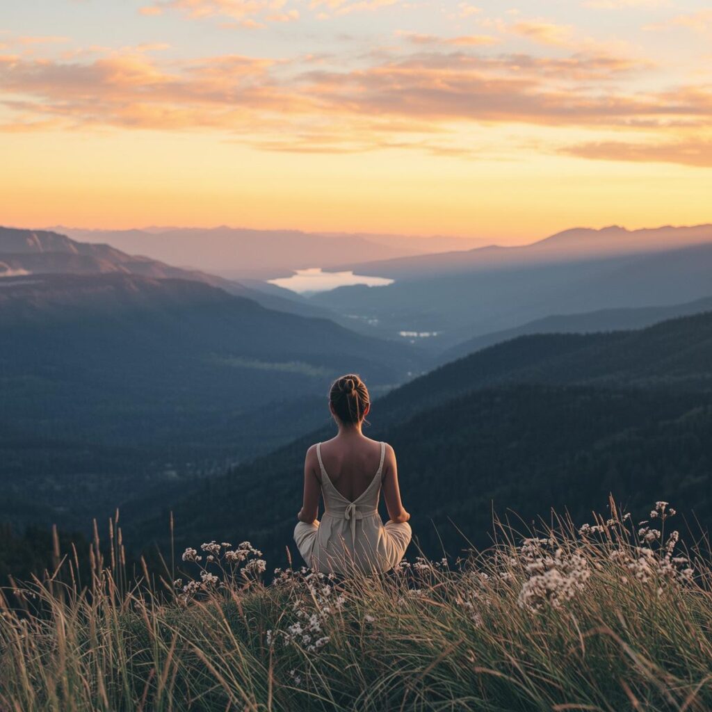 femme assise devant un lever de soleil