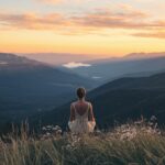 femme assise devant un lever de soleil