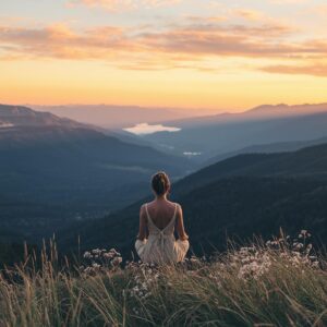 femme assise devant un lever de soleil