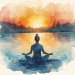 dessin d'une femme en position de méditation, au bord de l'eau sous un coucher de soleil