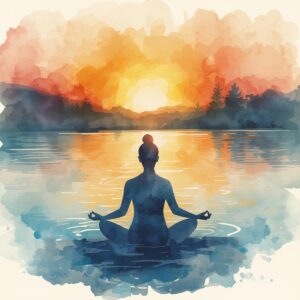 dessin d'une femme en position de méditation, au bord de l'eau sous un coucher de soleil