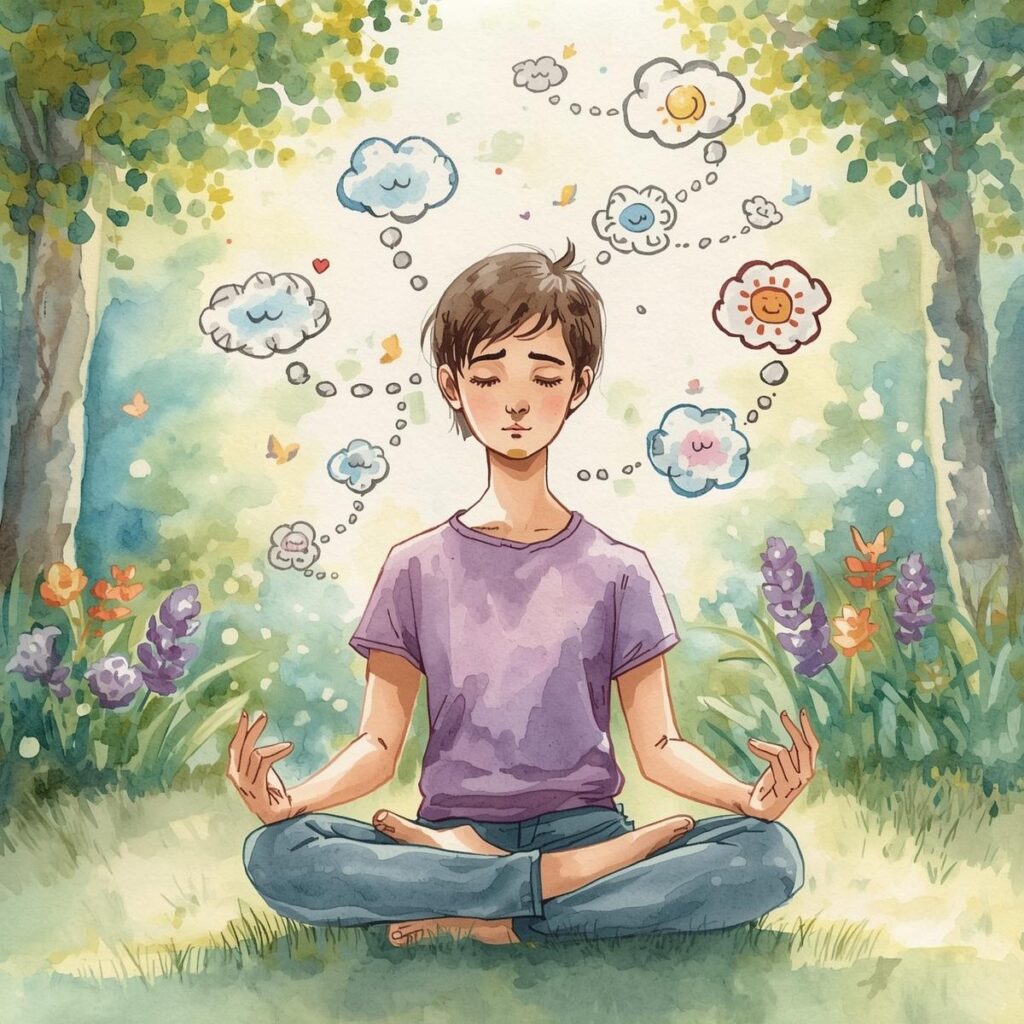 dessin d'un homme en position de méditation dans une forêt avec des bulles autour de sa tête