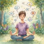 dessin d'un homme en position de méditation dans une forêt avec des bulles autour de sa tête