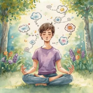 dessin d'un homme en position de méditation dans une forêt avec des bulles autour de sa tête