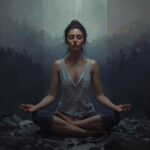 femme en position de méditation la nuit. Silhouettes d'arbres derrière elle