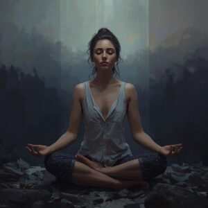 femme en position de méditation la nuit. Silhouettes d'arbres derrière elle