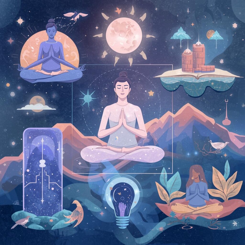 dessin d'une personne en position de méditation. Autour d'elle un soleil et des montagnes